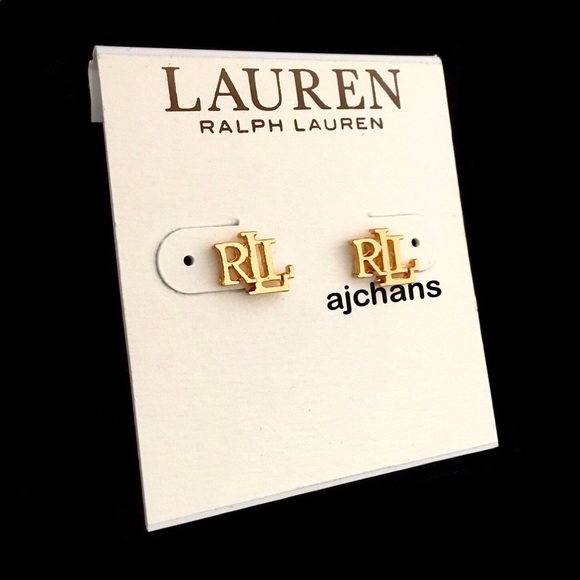 Lauren Ralph Lauren Gold Tone RLL Logo Stud Earrings - Picture 1 of 3
